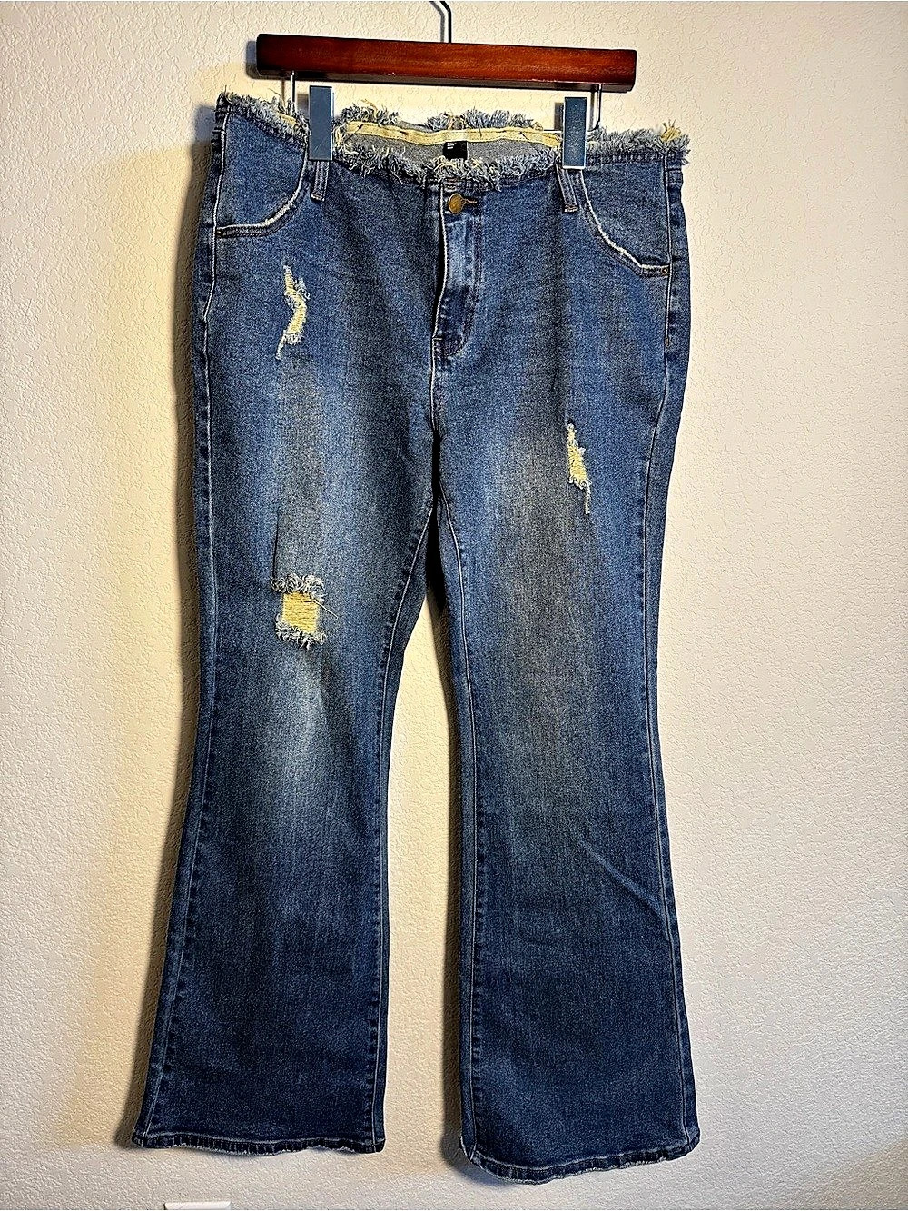 Cider Denim Mid Rise Butterfly Ripped Flare Leg Jeans Blue XL Y2K